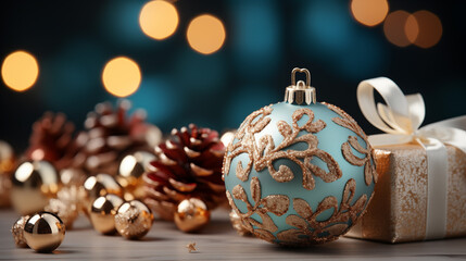 New Year or Christmas background with pinecones, colorful bauble and gifts.