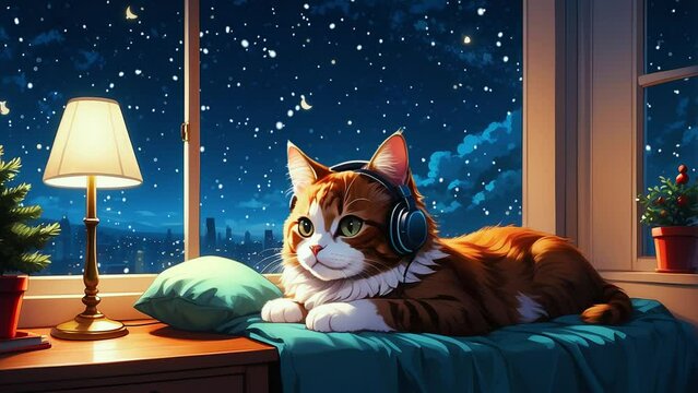 Lofi Cat Vibes Christmas Chill with Headphones On, Looping video.