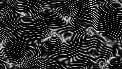 Abstract white color dots particles flowing wave animated pattern halftone gradient curve shape isolated on black background - obrazy, fototapety, plakaty