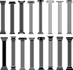 Ancient pillar or Columns vector icons set. Elegant classic roman, Greek architecture line and silhouette column.