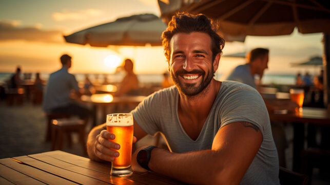 smiling bearded man drinking beer on the beach