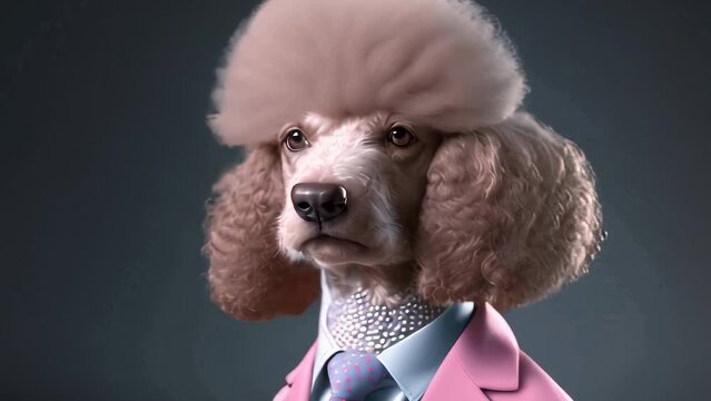 Animation portrait of a poodle in a pink suit 
