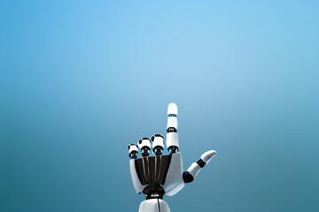 Robotic hand touching on blue abstract background. Robotic technology concept. 