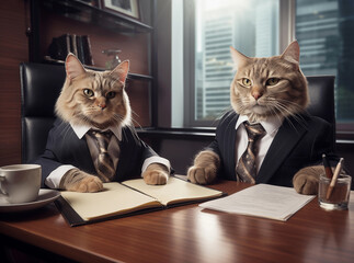 Cat manager and executive wearing a formal business suit in an office for a meeting or interview. Business and Corporate. Finance and Lawyer.  Thinking ideas. Success and win. Looking at camera. 
 - obrazy, fototapety, plakaty