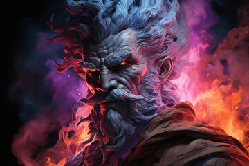 sorcerer, warlock, evil magician, witcher. a negative fantasy character. portrait of a man with a mustache and curly beard, colorful illustration. - obrazy, fototapety, plakaty