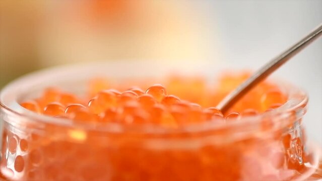 Red Caviar in a spoon, fish roe background. Close-up of salmon fish eggs caviar. Delicatessen. Texture of trout caviar close up. Seafood. Slow motion. 