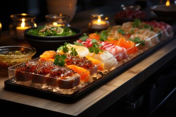 White fish sushi tray in a dark wood sushi counter in a luxury restaurant., generative IA