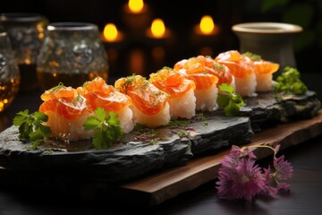 Tempura -style shrimp sushi on a stone plate in a contemporary restaurant., generative IA