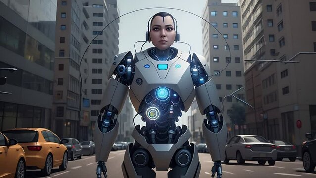 Cyborg robot on a city street during the day. 3D rendering. Artificial Intelligence and New Technologies