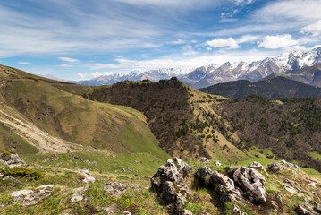 Panoramic view of the Caucasus mountains in Ingushetia, Russia