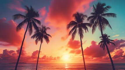 Fototapeta na wymiar silhouette of palm trees on the sea coast with a colorful and vibrant sunset, retro style