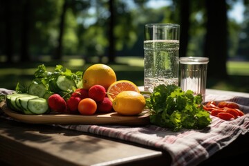 Cut fruits and a bottle of water in a gym towel in a park., generative IA
