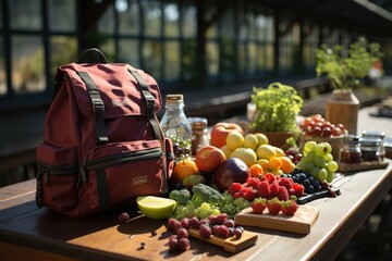 Fresh fruits and protein bars in a gym backpack in a park., generative IA