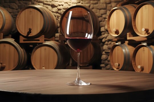 A glass of wine stands on the table against the background of barrels of wine in the cellar. To display a product with copy space.