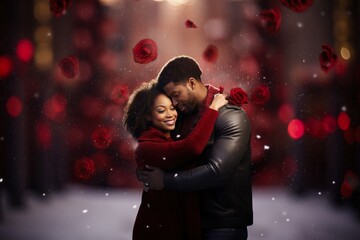 young couple celebrating that they are in love, hugging and happy.