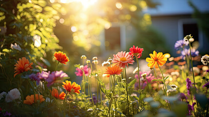Summer beautiful backyard with vibrant wildflowers and warm sunlight with copy space