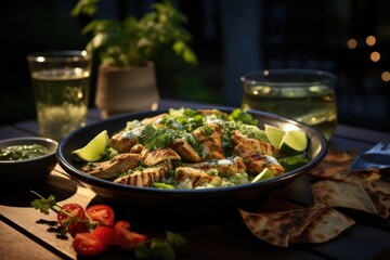 Chicken salad with avocado and yogurt sauce on an outdoor table., generative IA