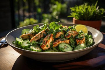 Chicken salad with spinach and sesame sauce on an outdoor table., generative IA