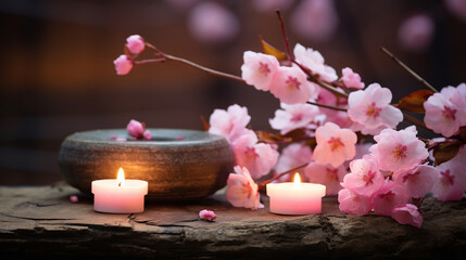 Cherry blossoms and candles on a wooden background