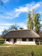 Fototapeta na wymiar Traditional wooden house with thatched roof and white walls. A small house in a mountain village, Ukraine. Picturesque village in autumn.