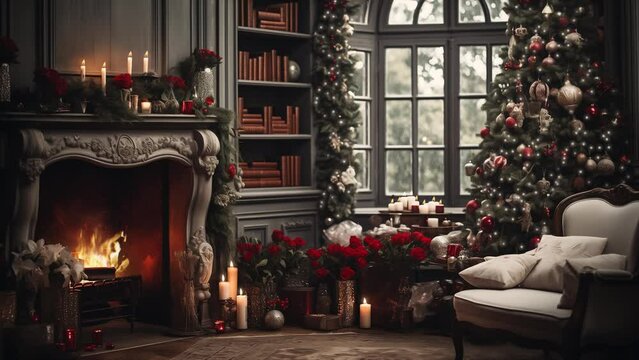 Vintage living room decorated for holidays, snowflakes falling outside, gifts arranged. Christmas atmosphere.