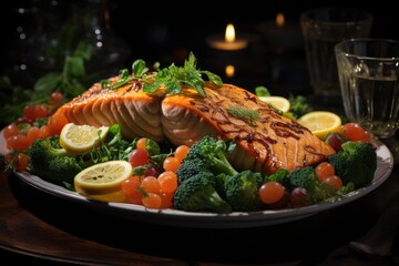 Grilled salmon with fresh vegetables in a sea restaurant., generative IA
