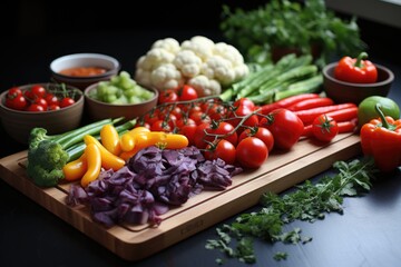 Cutting board with colorful vegetables on a clean kitchen countertop., generative IA
