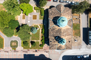 Aerial view of garden and Orthodox Church of Assumption of Mary in town of Gabrovo, Bulgaria