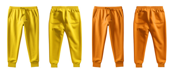 2 Set of yellow orange mustard, front back view sweatpants jogger sports trousers bottom pants on transparent background, PNG file. Mockup template for artwork design - obrazy, fototapety, plakaty