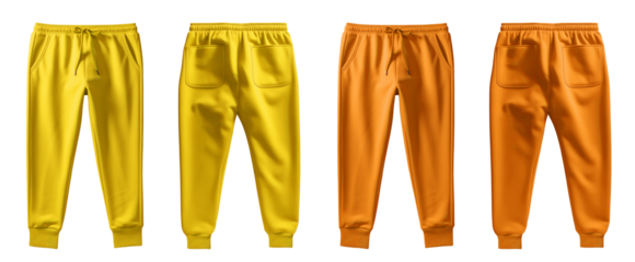  2 Set of yellow orange mustard, front back view sweatpants jogger sports trousers bottom pants on transparent background, PNG file. Mockup template for artwork design