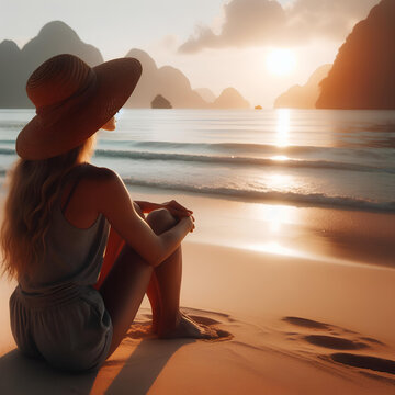Mulher loira com vestido longo branco senta-se na praia vazia e olha para o mar, Jovem mulher com mochila olhando para a praia de Kaputas, costa da Lícia. Caminhada de verão em férias em família