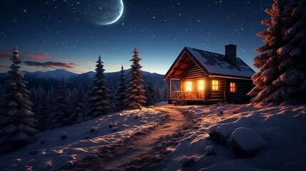 A cozy mountain cabin covered in snow - obrazy, fototapety, plakaty
