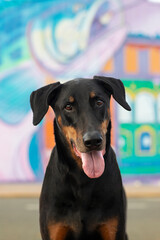 Portrait of a beautiful, smiling, black-and-tan, Doberman pinscher (without their ears cropped) in front of a colorful city mural. It could pass as a school portrait. 
