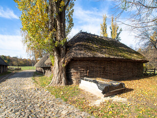 Traditional wooden house with thatched roof. A small house in a mountain village, Ukraine. Picturesque village in autumn.	
