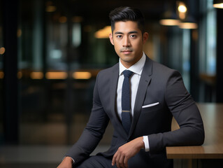Fototapeta premium Young man in a fitted business suit leaning against a countertop in professional pose for corporate business headshot photo