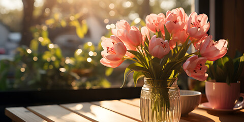 Fresh pink tulips in green vase