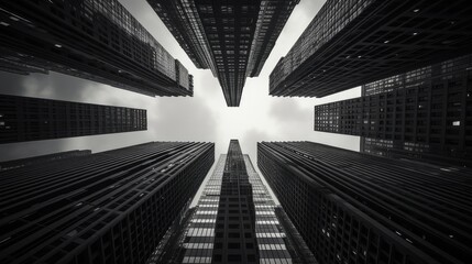 skyscrapers below, symmetrical composition, and leading lines formed by the edges of buildings to draw the viewer's eye upward
