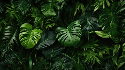 tropical palm leaves and jungle leaves naturally overlap each other to mimic the density of a lush tropical environment. - obrazy, fototapety, plakaty