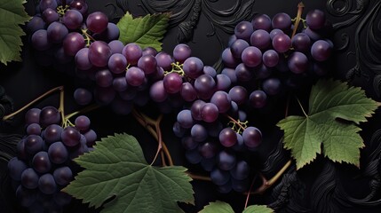 seamless abstract black, floral pattern of grapes, grapes, leaves and vines to keep the intricate details crisp and clear.