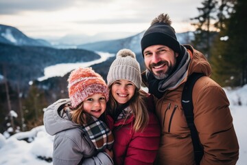 Fototapeta na wymiar Family Selfie with Snowy Forest Backdrop