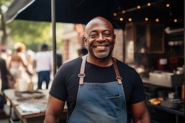 Smiling portrait of middle aged waiter in restaurant - Powered by Adobe