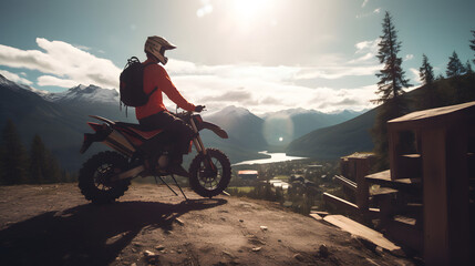 Fototapeta premium Motorcyclist Enjoying a Majestic Mountain View at Sunset