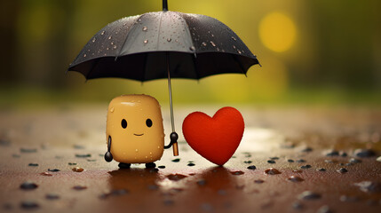 Animated Character Sharing Umbrella with Heart on Rainy Day