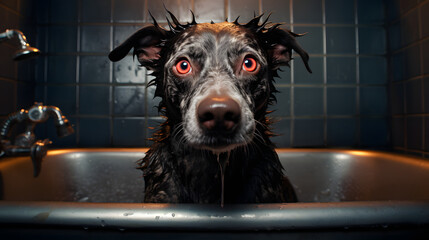 Wet Dog with Expressive Eyes in a Bathtub
