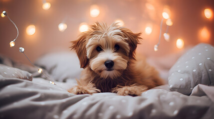 Fluffy Puppy on Bed with Twinkling Fairy Lights in Background