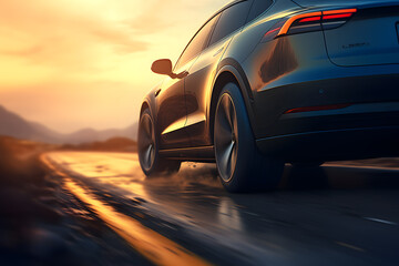 View of car on high speed in turn. Car rushing along a high-speed highway