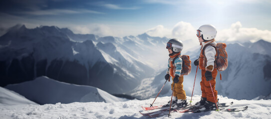 2 children in a ski suit skiing in the mountains with a beautiful view, banner, empty space for text. ski holiday concept - obrazy, fototapety, plakaty