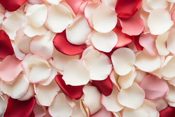 Red and white rose petals. Valentine's day background. Generative AI
