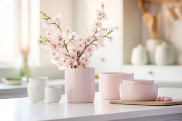Fototapeta na wymiar Beautiful spring flowers in ceramic vases on light background. Generative AI