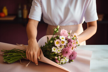 Female florist hands wrapping a fresh bouquet with paper in the flower shop. Generative AI